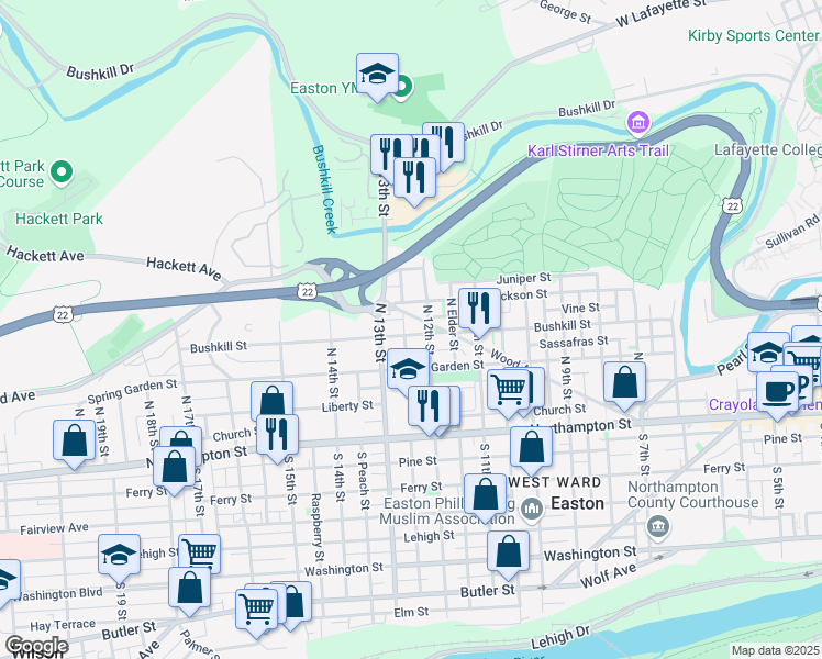 map of restaurants, bars, coffee shops, grocery stores, and more near 1217 Bushkill Street in Easton