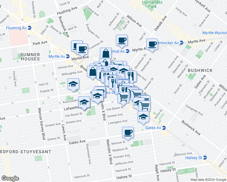 map of restaurants, bars, coffee shops, grocery stores, and more near 1132 Broadway in Brooklyn