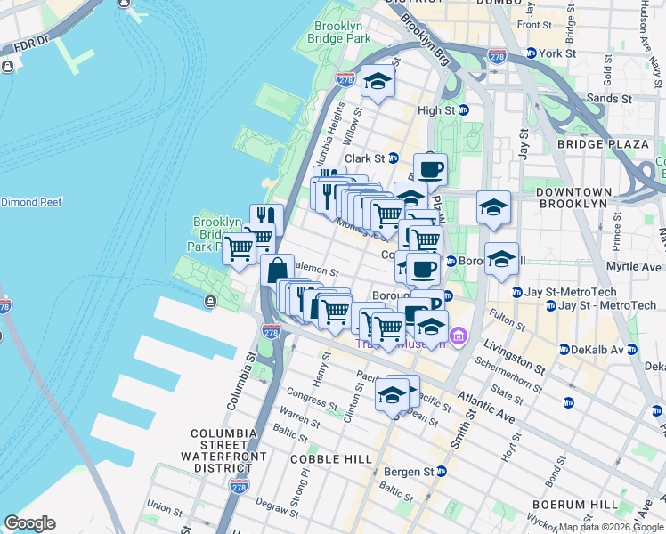 map of restaurants, bars, coffee shops, grocery stores, and more near 79 Joralemon Street in Brooklyn