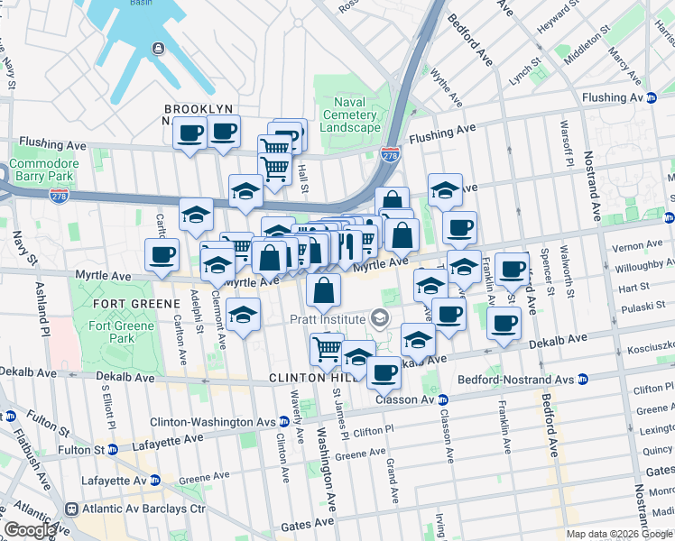 map of restaurants, bars, coffee shops, grocery stores, and more near Myrtle Avenue & Ryerson Street in Brooklyn