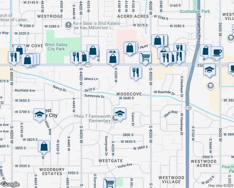 map of restaurants, bars, coffee shops, grocery stores, and more near 3626 Oldham Circle in West Valley City