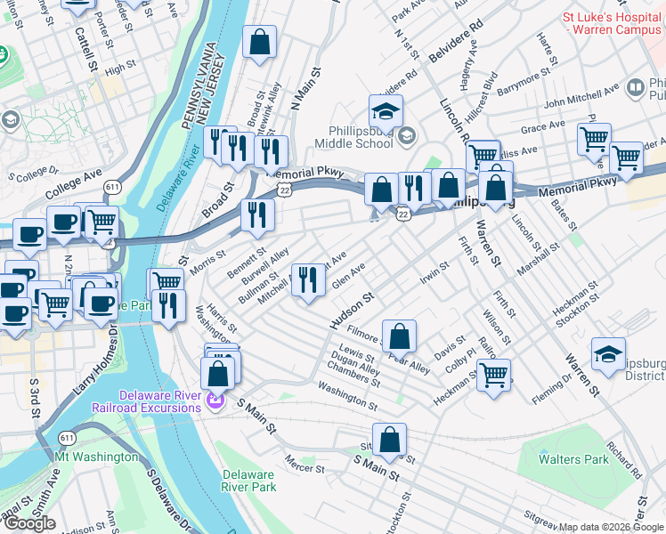 map of restaurants, bars, coffee shops, grocery stores, and more near 114 Summit Avenue in Phillipsburg