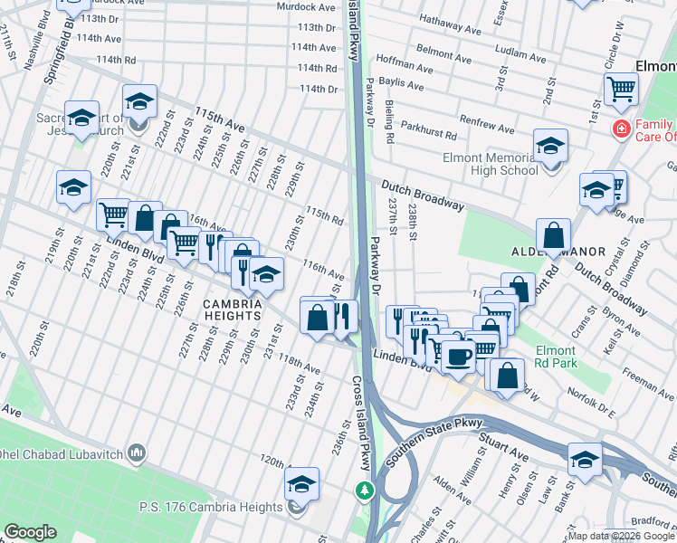 map of restaurants, bars, coffee shops, grocery stores, and more near 232-11 116th Avenue in Queens