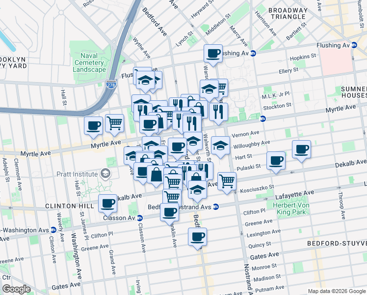 map of restaurants, bars, coffee shops, grocery stores, and more near 908A Bedford Avenue in Brooklyn