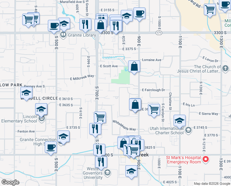 map of restaurants, bars, coffee shops, grocery stores, and more near 3578 South 805 East Street in Millcreek