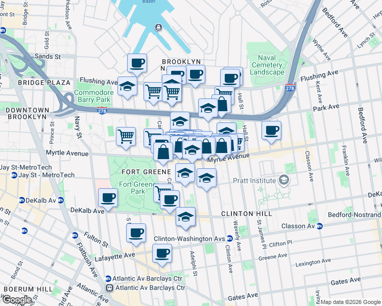 map of restaurants, bars, coffee shops, grocery stores, and more near 370 Myrtle Avenue in Brooklyn