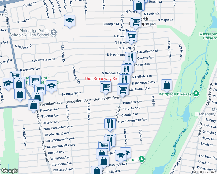 map of restaurants, bars, coffee shops, grocery stores, and more near 220 North Richmond Avenue in North Massapequa