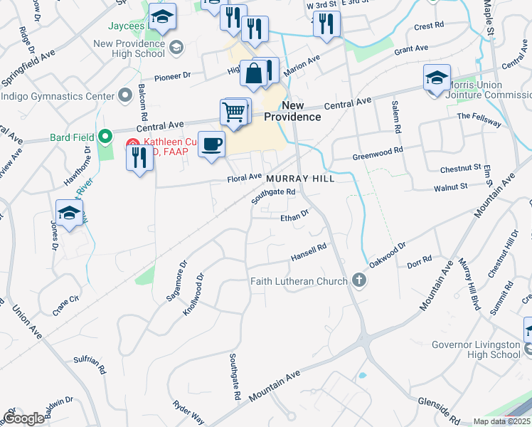 map of restaurants, bars, coffee shops, grocery stores, and more near 65 Ethan Drive in New Providence