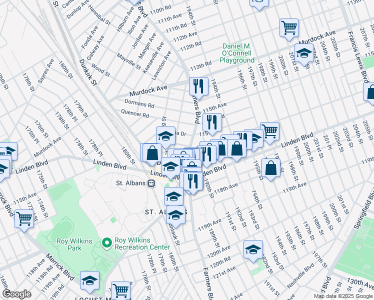 map of restaurants, bars, coffee shops, grocery stores, and more near 116-08 Farmers Boulevard in Queens