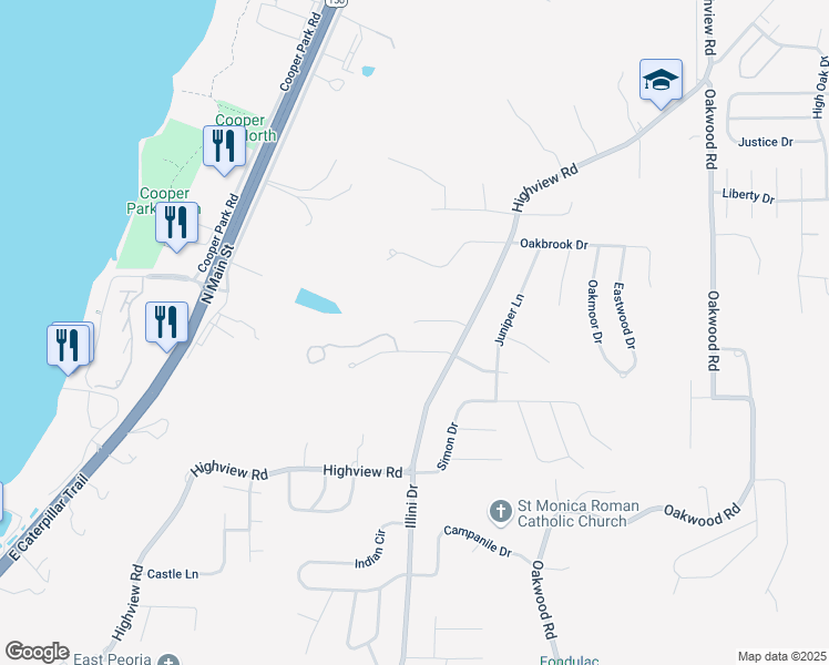 map of restaurants, bars, coffee shops, grocery stores, and more near 119 Avenue Notre Dame in East Peoria