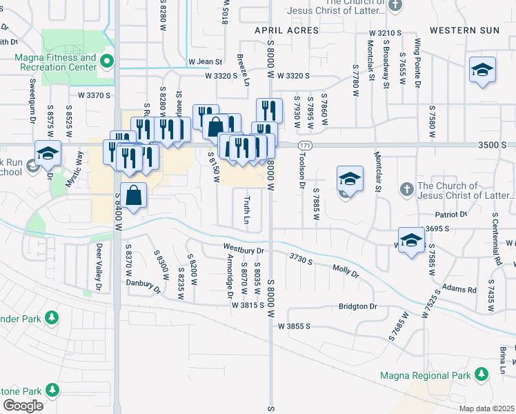 map of restaurants, bars, coffee shops, grocery stores, and more near 3618 Country West Drive in Magna