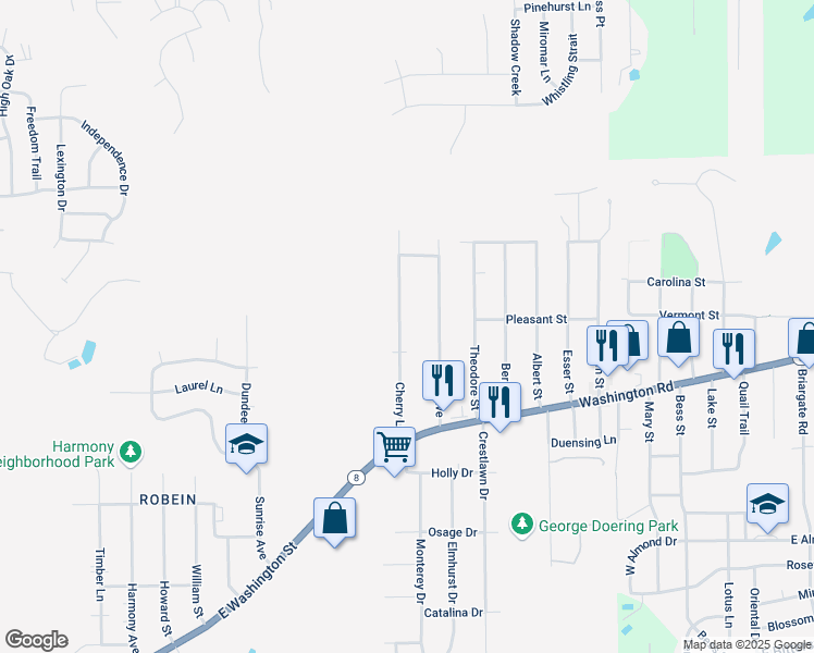map of restaurants, bars, coffee shops, grocery stores, and more near 202 Cherry Lane in Washington