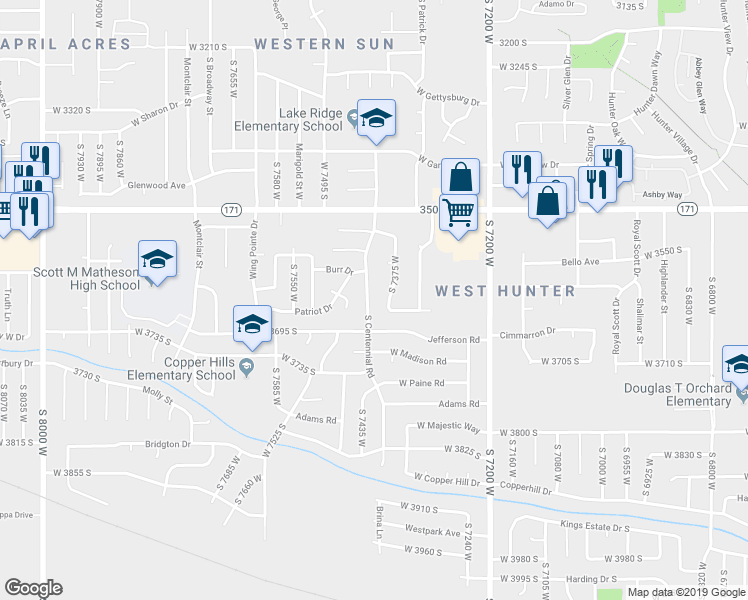 map of restaurants, bars, coffee shops, grocery stores, and more near 3633 South Centennial Road in Magna