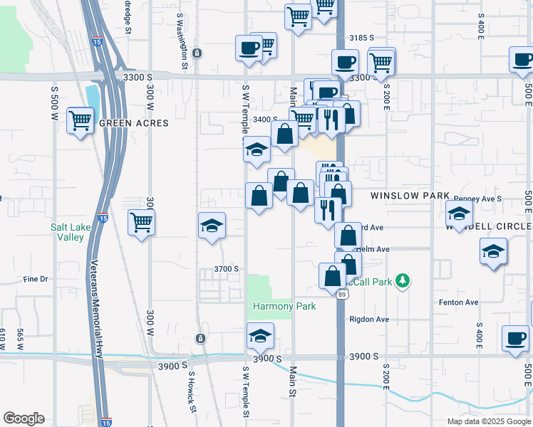 map of restaurants, bars, coffee shops, grocery stores, and more near 3588 South Main Street in South Salt Lake
