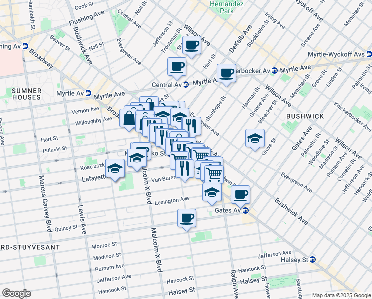 map of restaurants, bars, coffee shops, grocery stores, and more near 21 Kossuth Place in Brooklyn