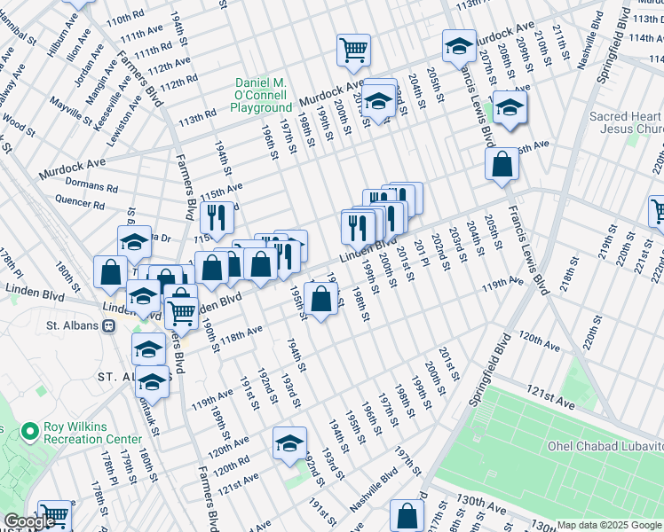map of restaurants, bars, coffee shops, grocery stores, and more near 117-03 197th Street in Queens