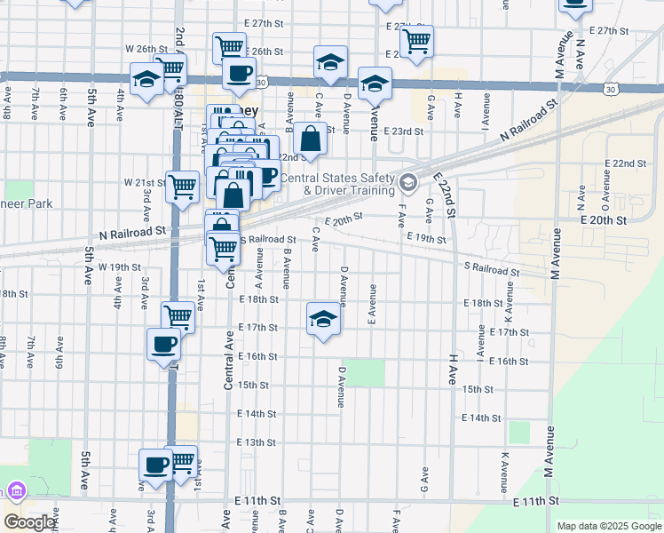 map of restaurants, bars, coffee shops, grocery stores, and more near 350 East 19th Street in Kearney
