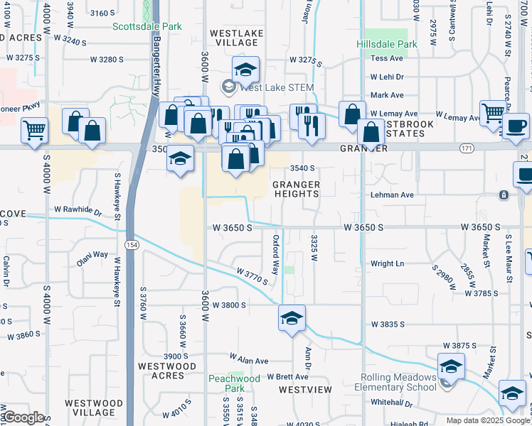 map of restaurants, bars, coffee shops, grocery stores, and more near 3630 South 3440 West in West Valley City