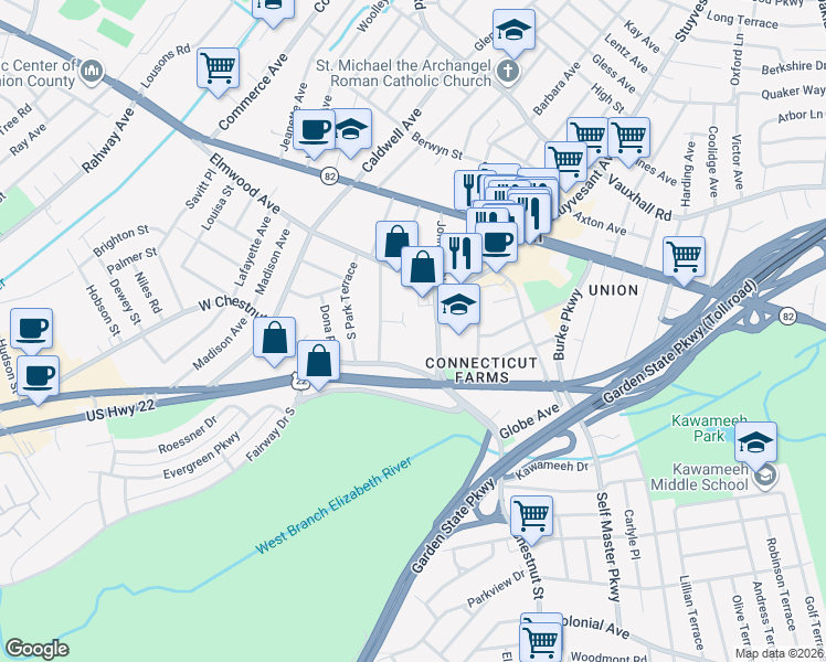 map of restaurants, bars, coffee shops, grocery stores, and more near 816 Creslyn Court in Union