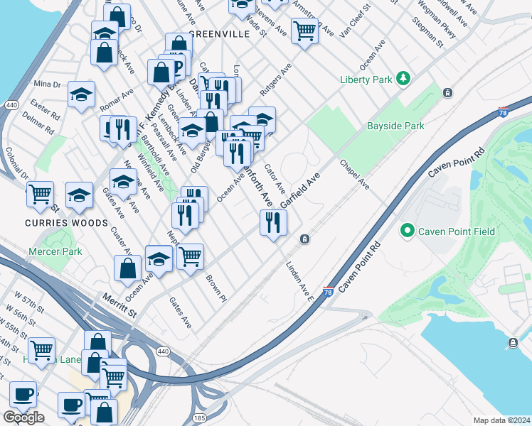 map of restaurants, bars, coffee shops, grocery stores, and more near 285 Garfield Avenue in Jersey City