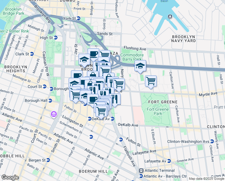 map of restaurants, bars, coffee shops, grocery stores, and more near Myrtle Ave & Fleet Pl in Brooklyn
