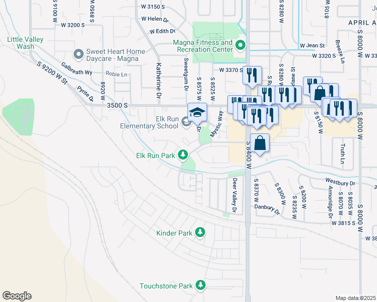 map of restaurants, bars, coffee shops, grocery stores, and more near 8610 Elk Point Drive in Magna