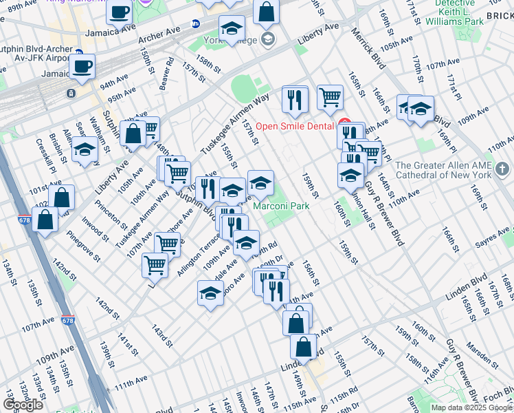map of restaurants, bars, coffee shops, grocery stores, and more near 108-29 155th Street in Queens
