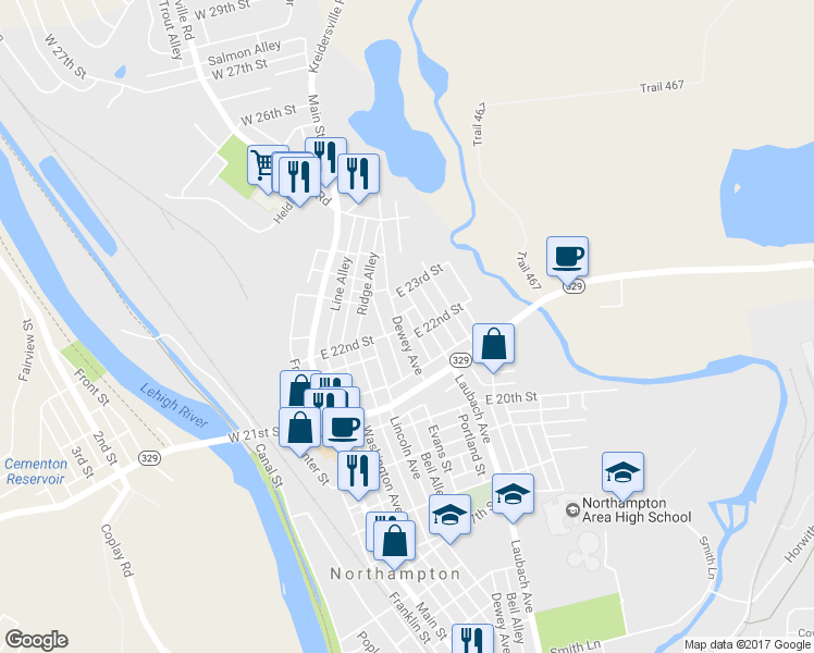 map of restaurants, bars, coffee shops, grocery stores, and more near 2211 Dewey Avenue in Northampton