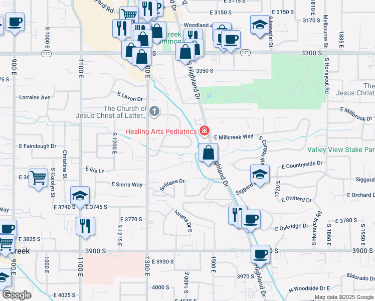 map of restaurants, bars, coffee shops, grocery stores, and more near 1412 East Millstream Lane in Millcreek