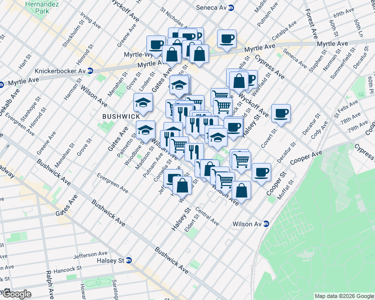 map of restaurants, bars, coffee shops, grocery stores, and more near 1333 Jefferson Avenue in Brooklyn