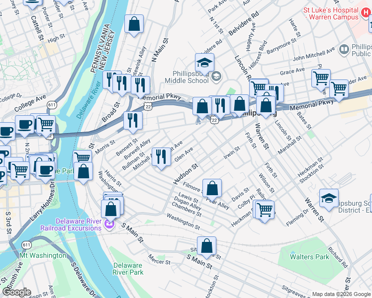 map of restaurants, bars, coffee shops, grocery stores, and more near 87 Glen Avenue in Phillipsburg