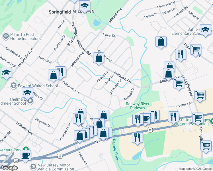map of restaurants, bars, coffee shops, grocery stores, and more near 30 Janet Lane in Springfield