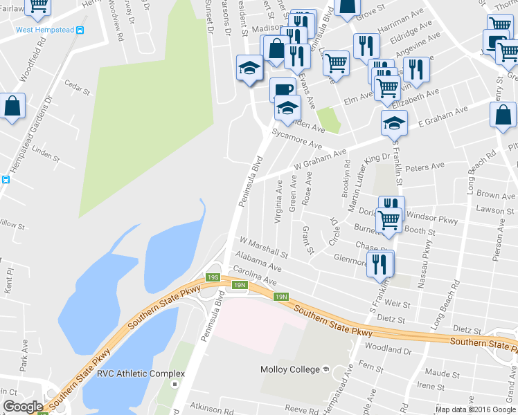 map of restaurants, bars, coffee shops, grocery stores, and more near 127 Mason Street in Hempstead