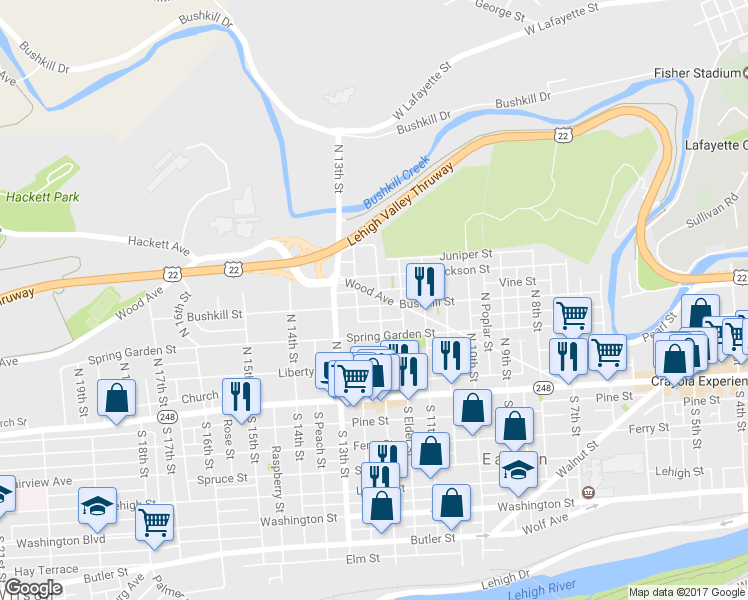 map of restaurants, bars, coffee shops, grocery stores, and more near 1203 Bushkill Street in Easton