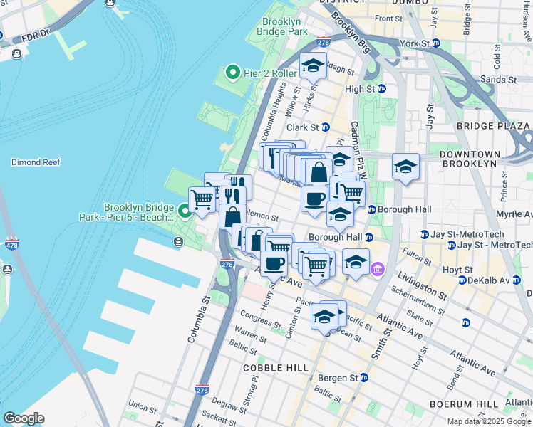map of restaurants, bars, coffee shops, grocery stores, and more near 260 Hicks Street in Brooklyn