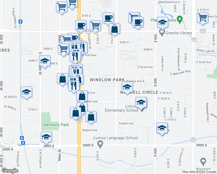 map of restaurants, bars, coffee shops, grocery stores, and more near 275 Baird Avenue in South Salt Lake