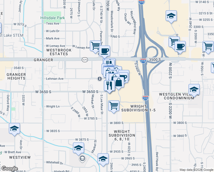 map of restaurants, bars, coffee shops, grocery stores, and more near 3636 2700 West in West Valley City