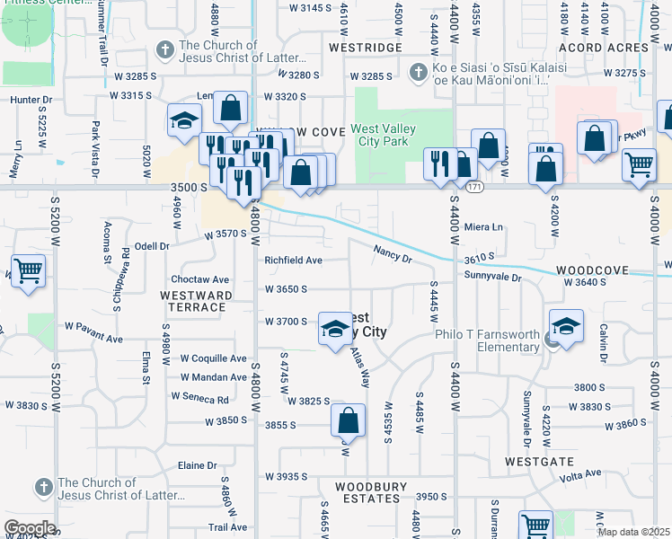 map of restaurants, bars, coffee shops, grocery stores, and more near 3625 Richfield Circle in West Valley City