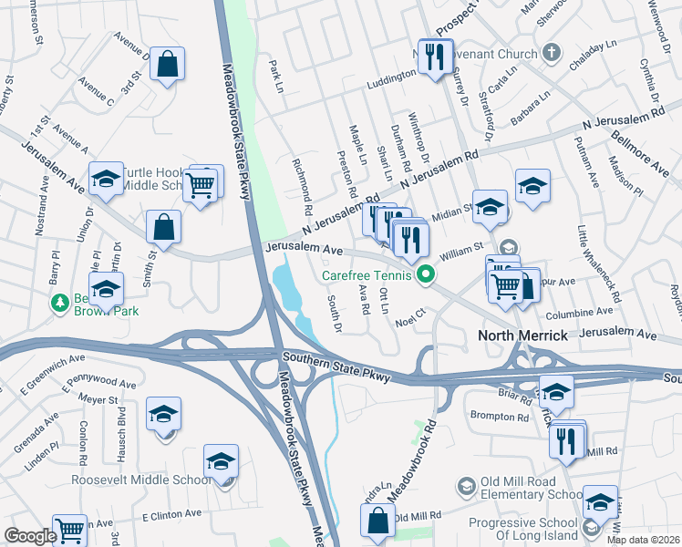 map of restaurants, bars, coffee shops, grocery stores, and more near 1056 North Drive in Merrick