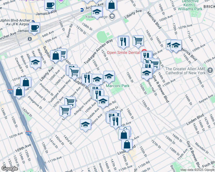 map of restaurants, bars, coffee shops, grocery stores, and more near 108-16 155th Street in Queens