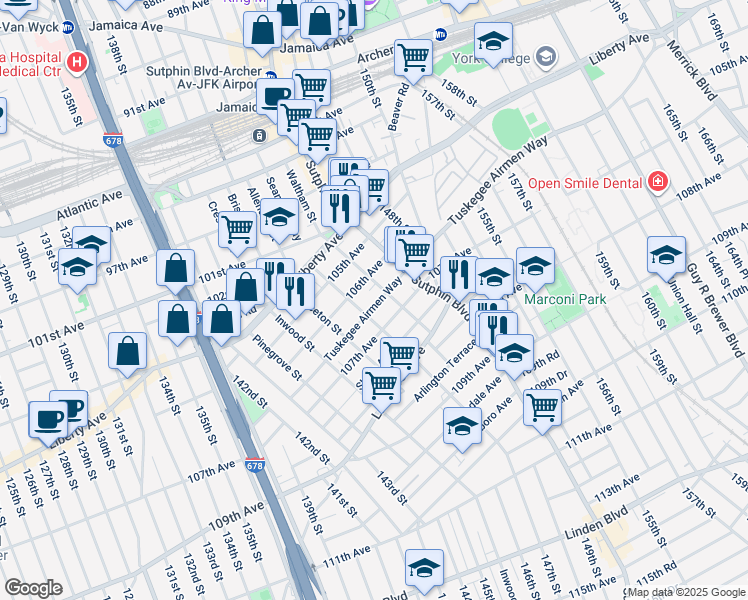 map of restaurants, bars, coffee shops, grocery stores, and more near 146-22 Tuskegee Airmen Way in Queens
