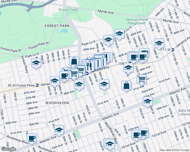 map of restaurants, bars, coffee shops, grocery stores, and more near 87-28 96th Street in Queens