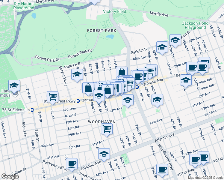map of restaurants, bars, coffee shops, grocery stores, and more near 86-31 89th Street in Queens