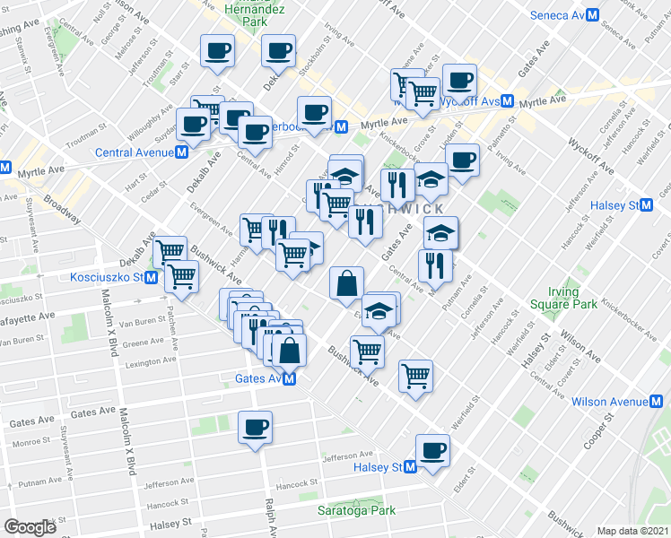 map of restaurants, bars, coffee shops, grocery stores, and more near 120 Grove Street in Brooklyn