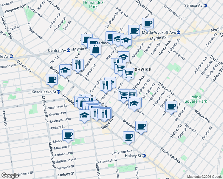 map of restaurants, bars, coffee shops, grocery stores, and more near 48 Menahan Street in Brooklyn