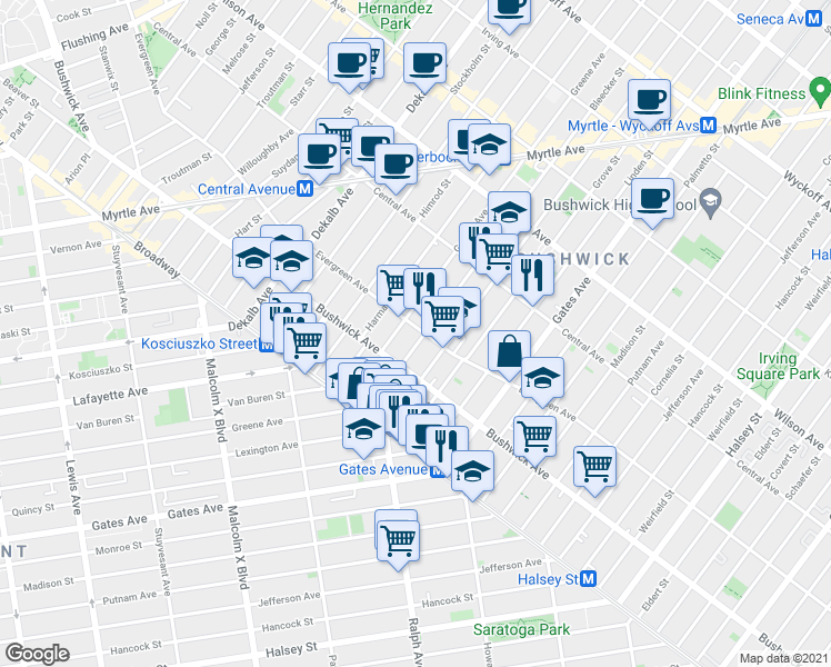 map of restaurants, bars, coffee shops, grocery stores, and more near 31 Bleecker Street in Brooklyn