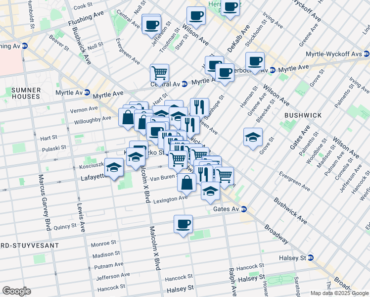 map of restaurants, bars, coffee shops, grocery stores, and more near 21 Kossuth Place in Brooklyn