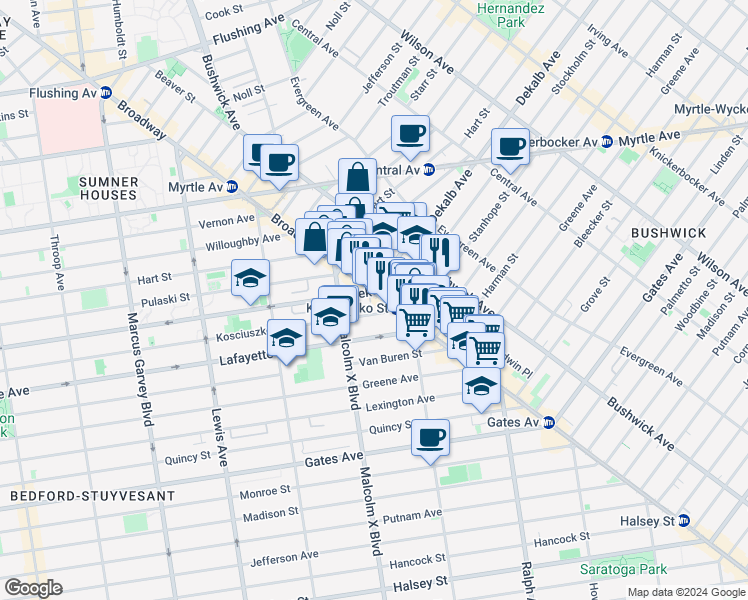 map of restaurants, bars, coffee shops, grocery stores, and more near 1132 Broadway in Brooklyn