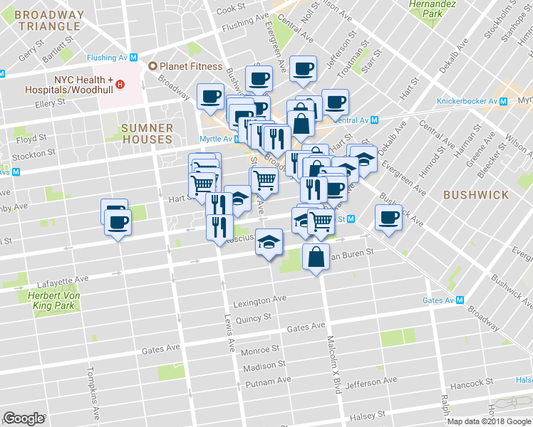 map of restaurants, bars, coffee shops, grocery stores, and more near 1035A Dekalb Avenue in Brooklyn
