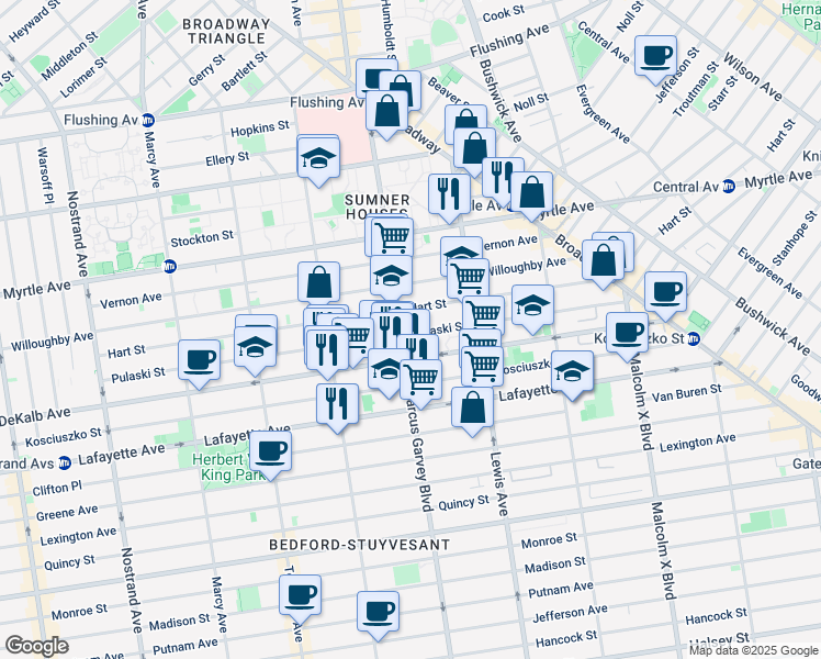 map of restaurants, bars, coffee shops, grocery stores, and more near 289 Pulaski Street in Brooklyn